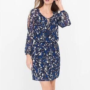 White House Black Market Dress Sz 6P Blue Floral Long Sleeve V Neck Lined